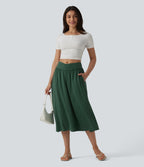 High Waisted Crossover Flowy Midi Casual Skirt with Pockets — Emerald Floral Yarn — view 6