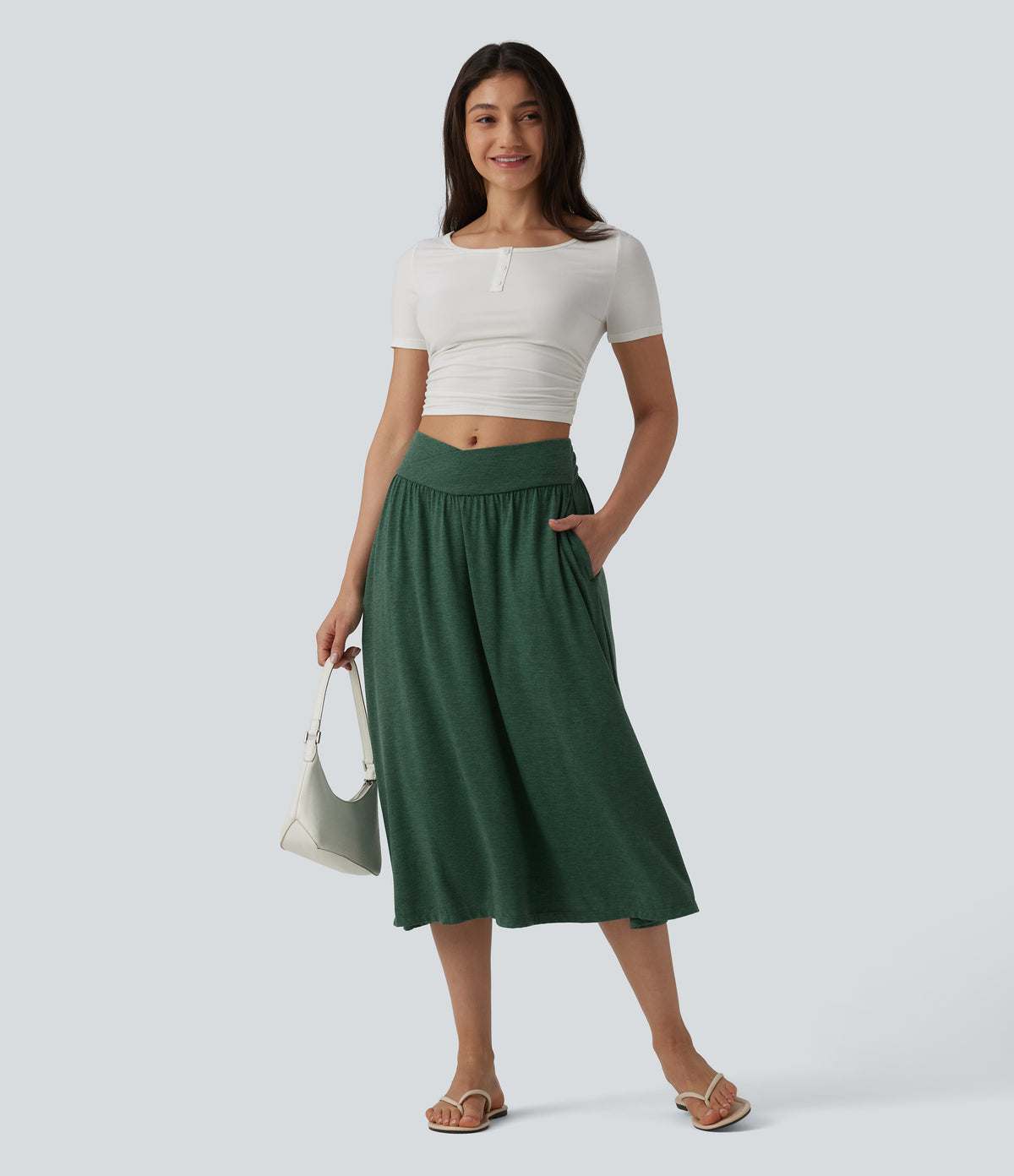 High Waisted Crossover Flowy Midi Casual Skirt with Pockets — Emerald Floral Yarn — view 6