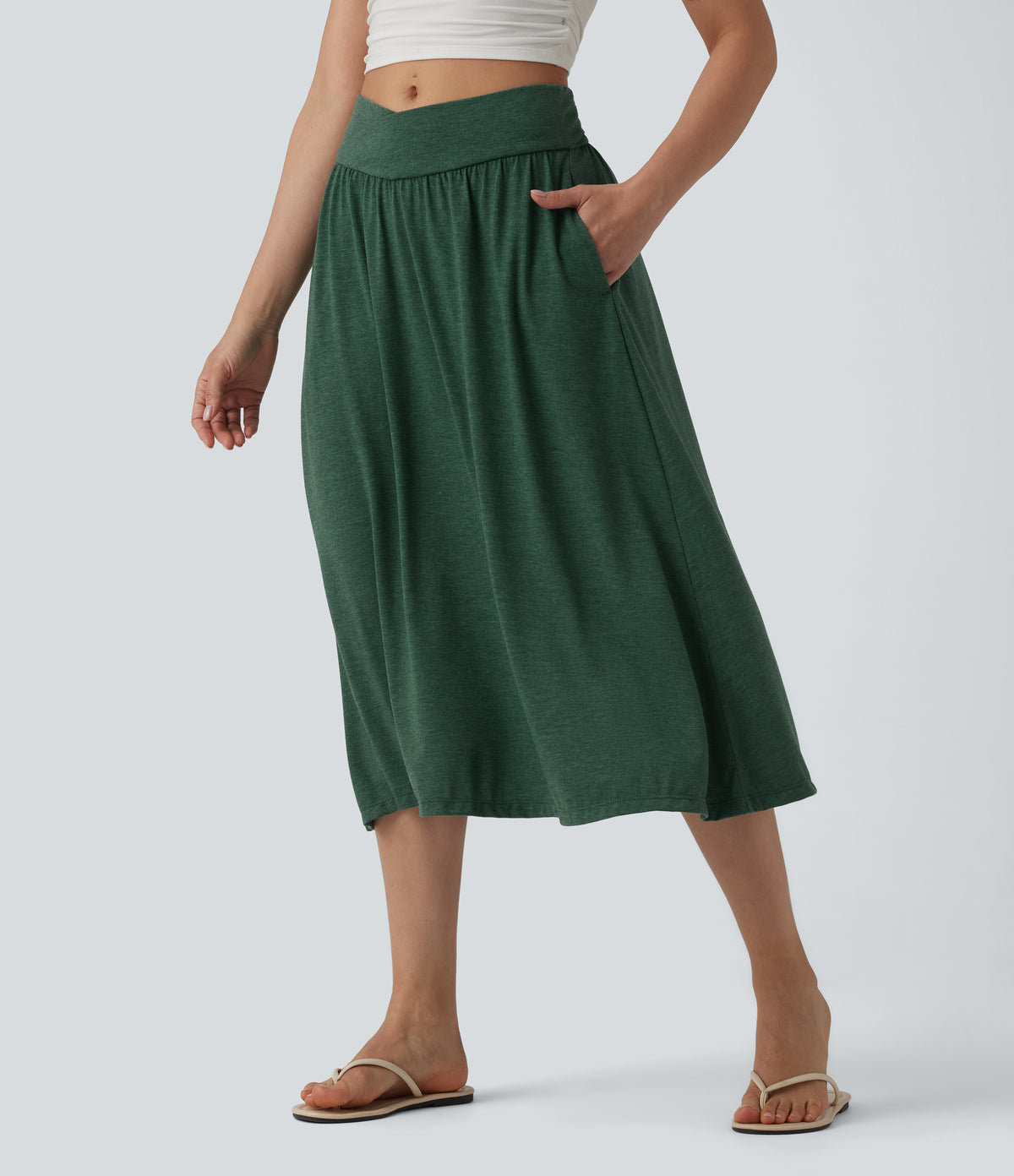 High Waisted Crossover Flowy Midi Casual Skirt with Pockets — Emerald Floral Yarn — view 4