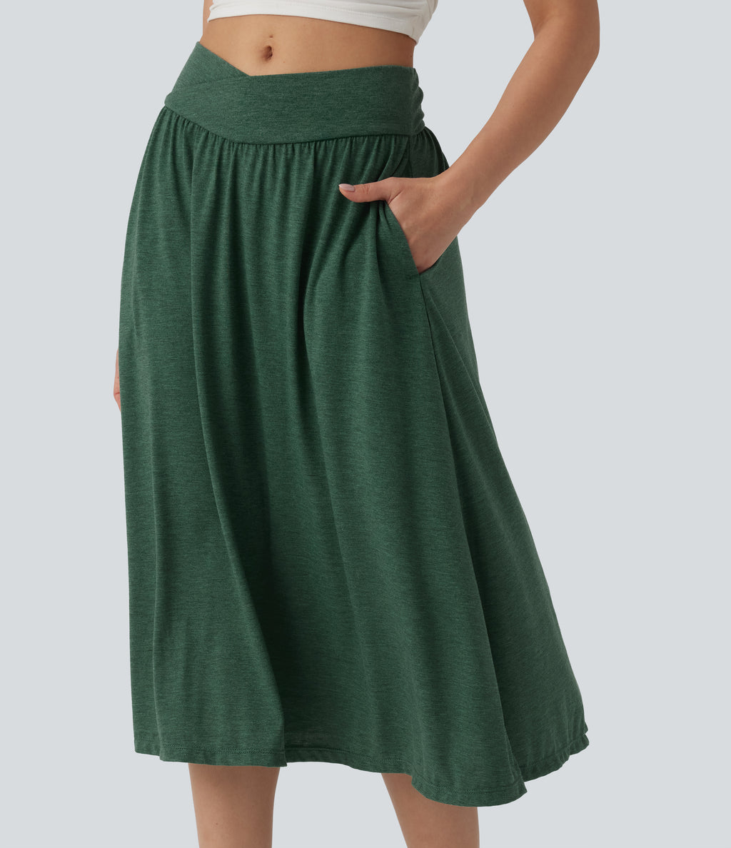 High Waisted Crossover Flowy Midi Casual Skirt with Pockets — Emerald Floral Yarn — view 5