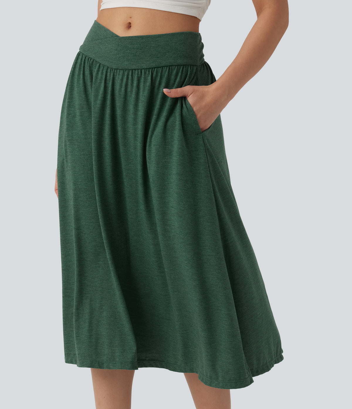 High Waisted Crossover Flowy Midi Casual Skirt with Pockets — Emerald Floral Yarn — view 5