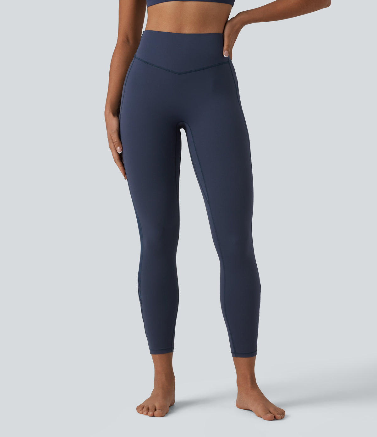 High Waisted Tummy Control Contrast Mesh Yoga 7/8 Leggings with Pocket — Mood Indigo — view 3
