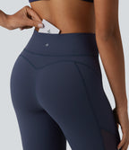 High Waisted Tummy Control Contrast Mesh Yoga 7/8 Leggings with Pocket — Mood Indigo — view 4