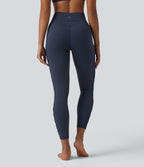 High Waisted Tummy Control Contrast Mesh Yoga 7/8 Leggings with Pocket — Mood Indigo — view 2