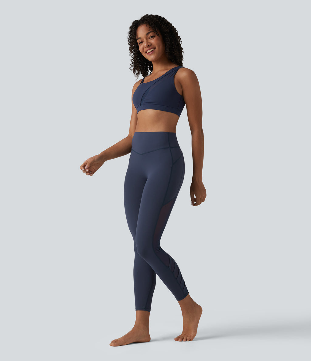 High Waisted Tummy Control Contrast Mesh Yoga 7/8 Leggings with Pocket — Mood Indigo — view 7