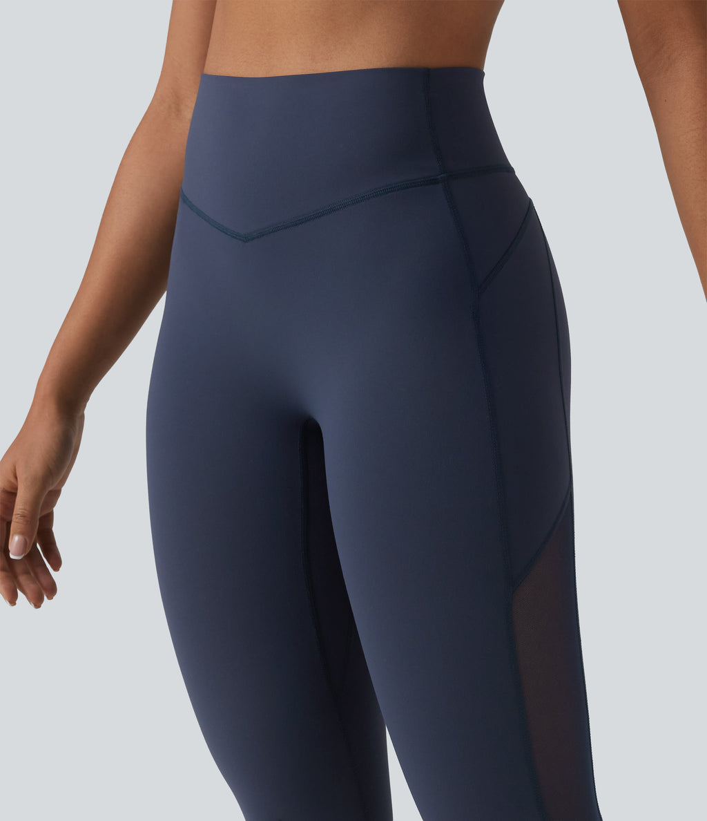 High Waisted Tummy Control Contrast Mesh Yoga 7/8 Leggings with Pocket — Mood Indigo — view 5