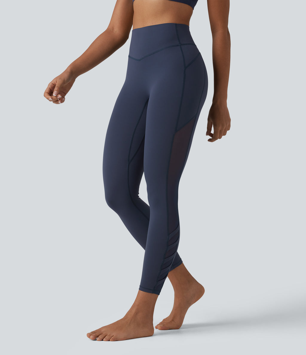 High Waisted Tummy Control Contrast Mesh Yoga 7/8 Leggings with Pocket — Mood Indigo — view 1