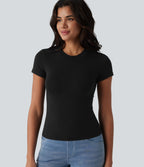 Cotton Jersey Round Neck Short Sleeve Casual T-Shirt — Black — view 1