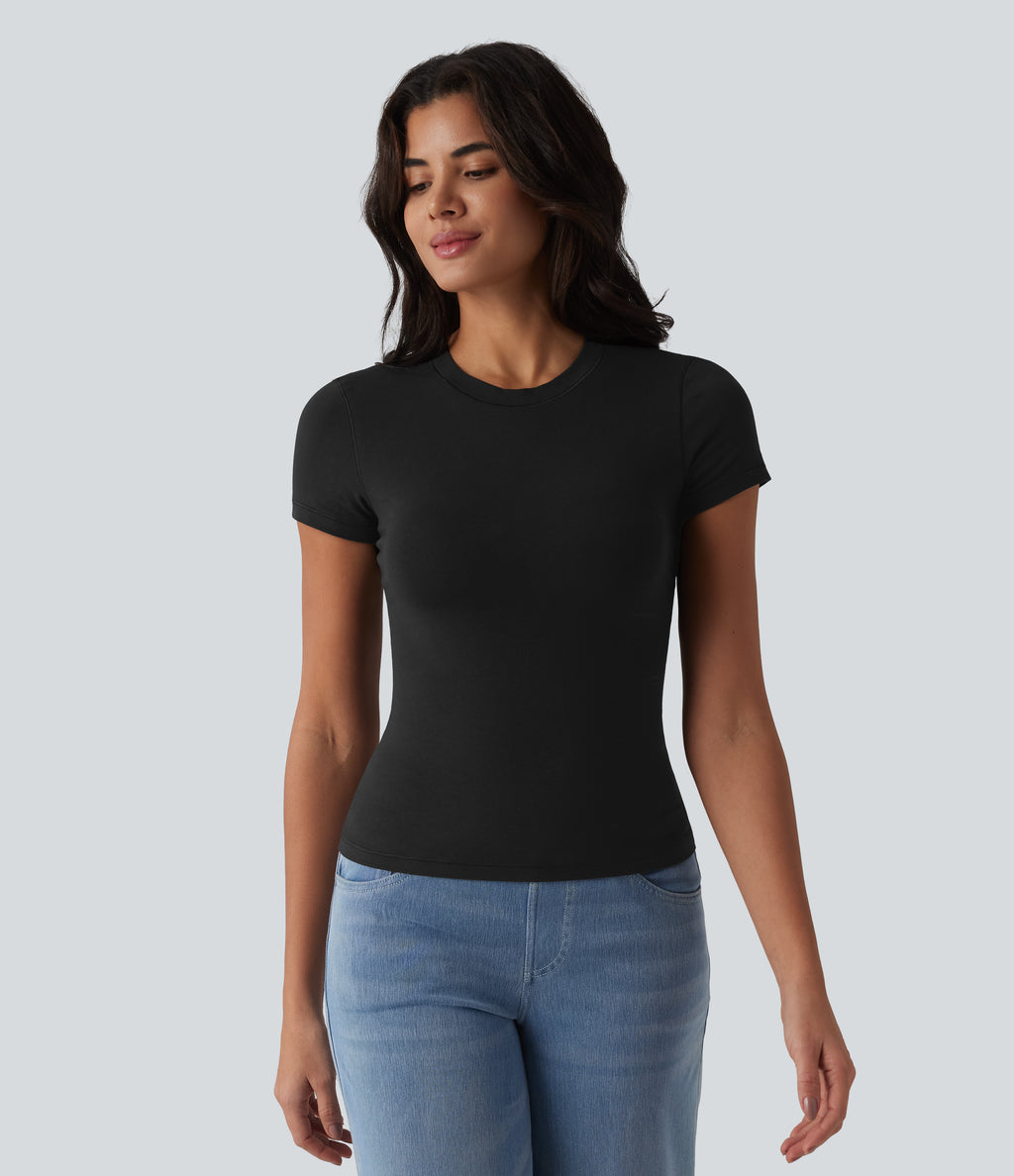 Cotton Jersey Round Neck Short Sleeve Casual T-Shirt — Black — view 3