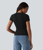 Cotton Jersey Round Neck Short Sleeve Casual T-Shirt — Black — view 2