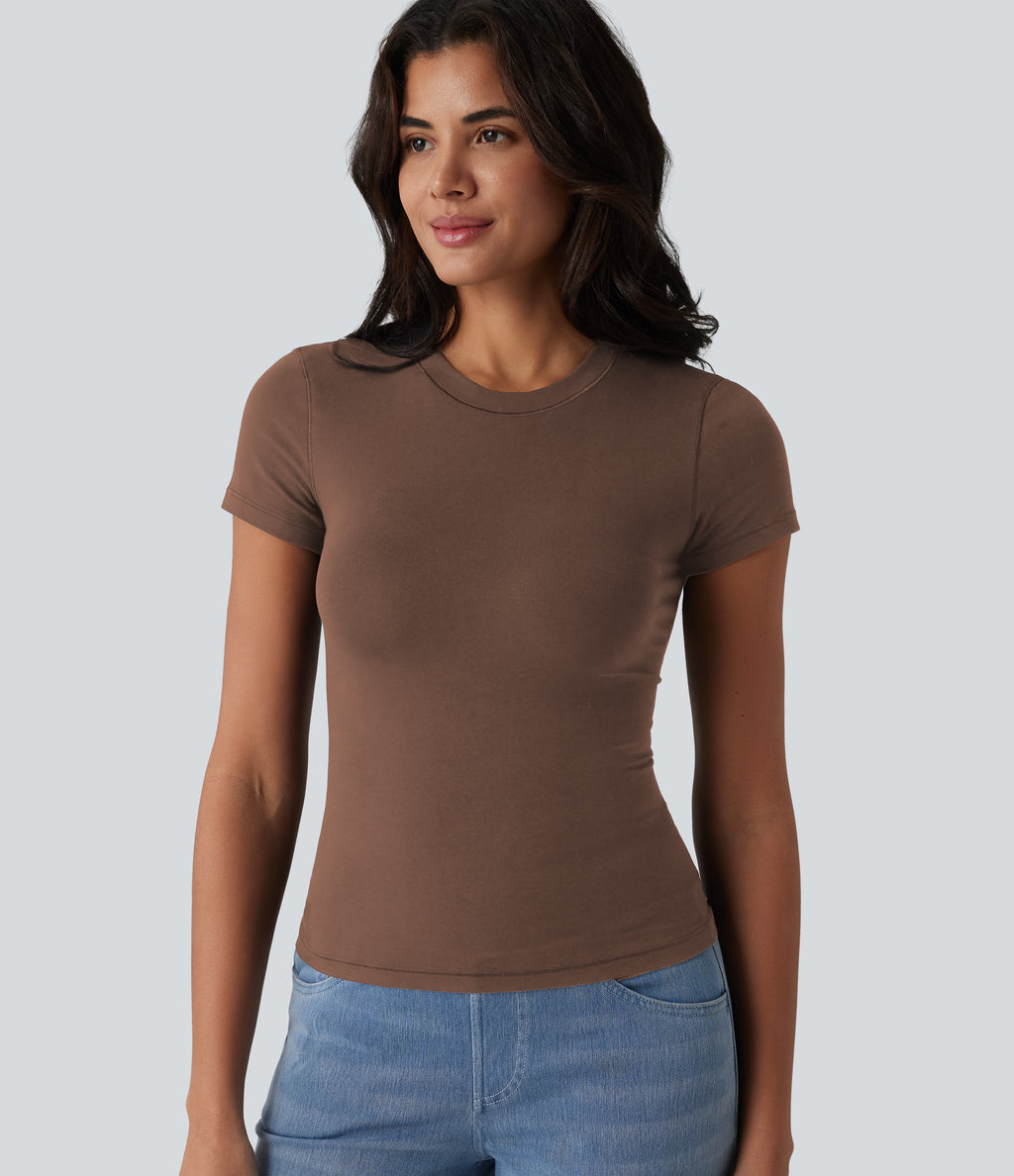 Cotton Jersey Round Neck Short Sleeve Casual T-Shirt — Pinecone — view 6