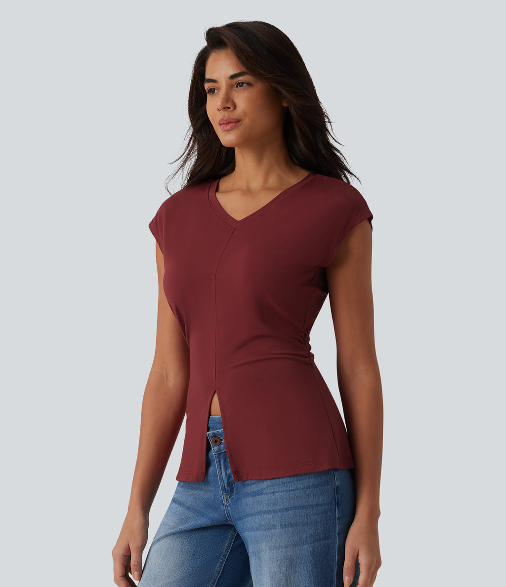 V Neck Sleeveless Casual T-Shirt — New Maroon — view 3