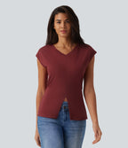V Neck Sleeveless Casual T-Shirt — New Maroon — view 1