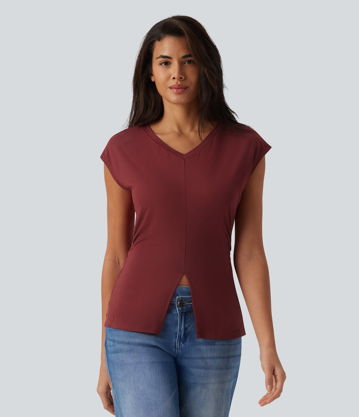 V Neck Sleeveless Casual T-Shirt — New Maroon — view 1
