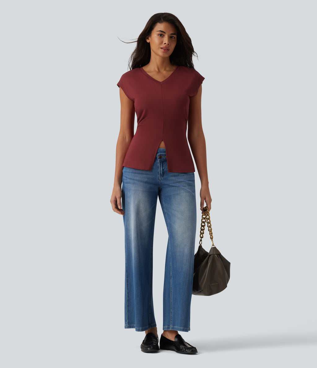 V Neck Sleeveless Casual T-Shirt — New Maroon — view 5