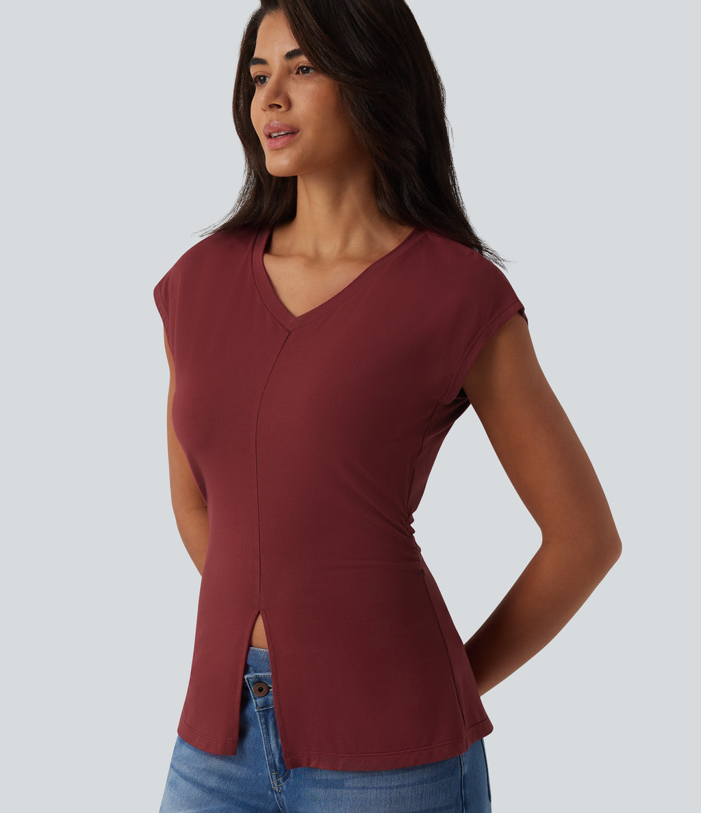 V Neck Sleeveless Casual T-Shirt — New Maroon — view 4