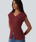 V Neck Sleeveless Casual T-Shirt — New Maroon — view 4