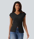 V Neck Sleeveless Casual T-Shirt — Black — view 6