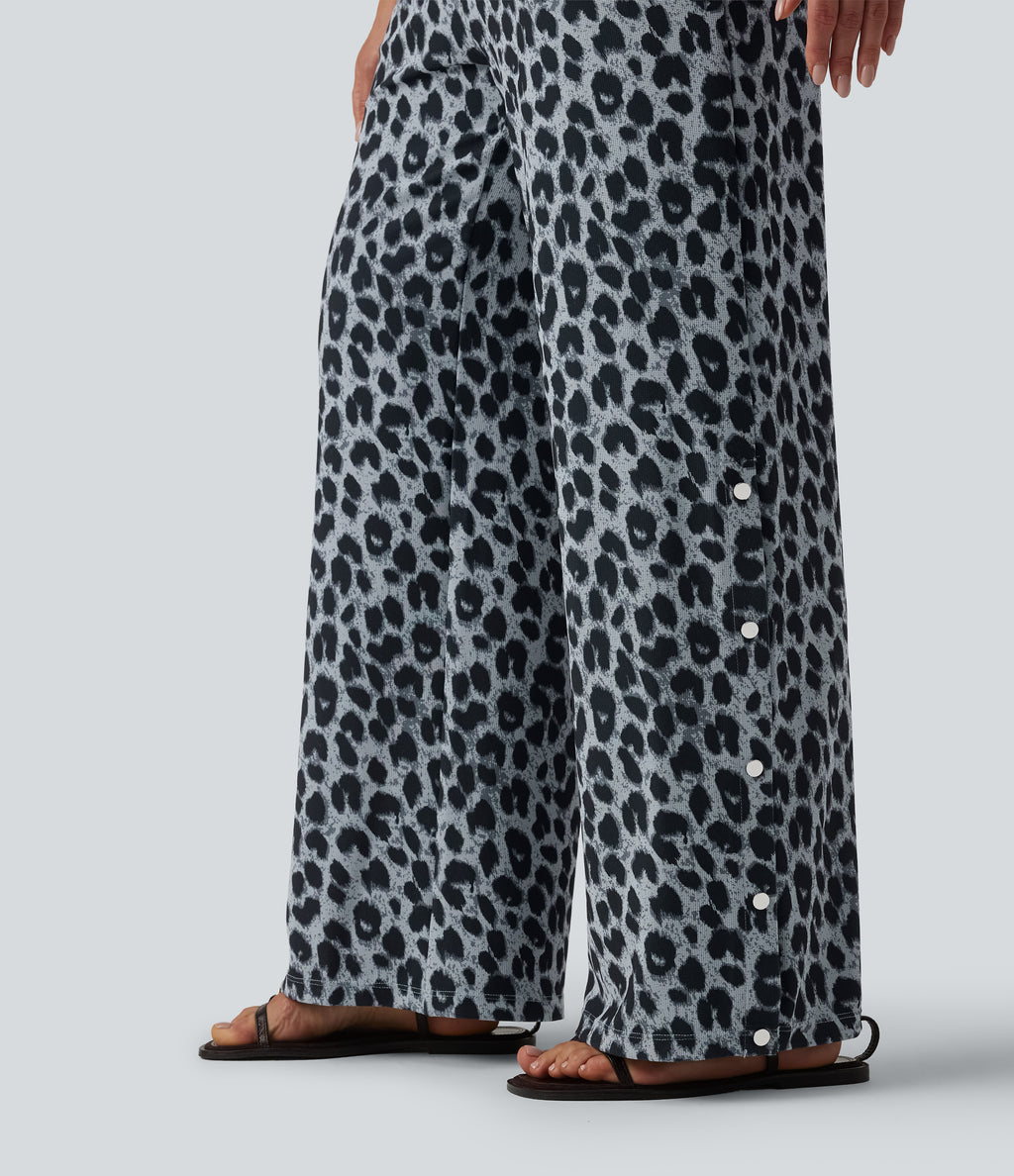 Mid Rise Drawstring Wide Leg Leopard Print Waffle Casual Trousers with Pockets — Frosted Panther — view 7