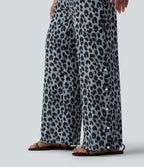 Mid Rise Drawstring Wide Leg Leopard Print Waffle Casual Trousers with Pockets — Frosted Panther — view 7