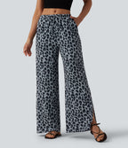 Mid Rise Drawstring Wide Leg Leopard Print Waffle Casual Trousers with Pockets — Frosted Panther — view 3