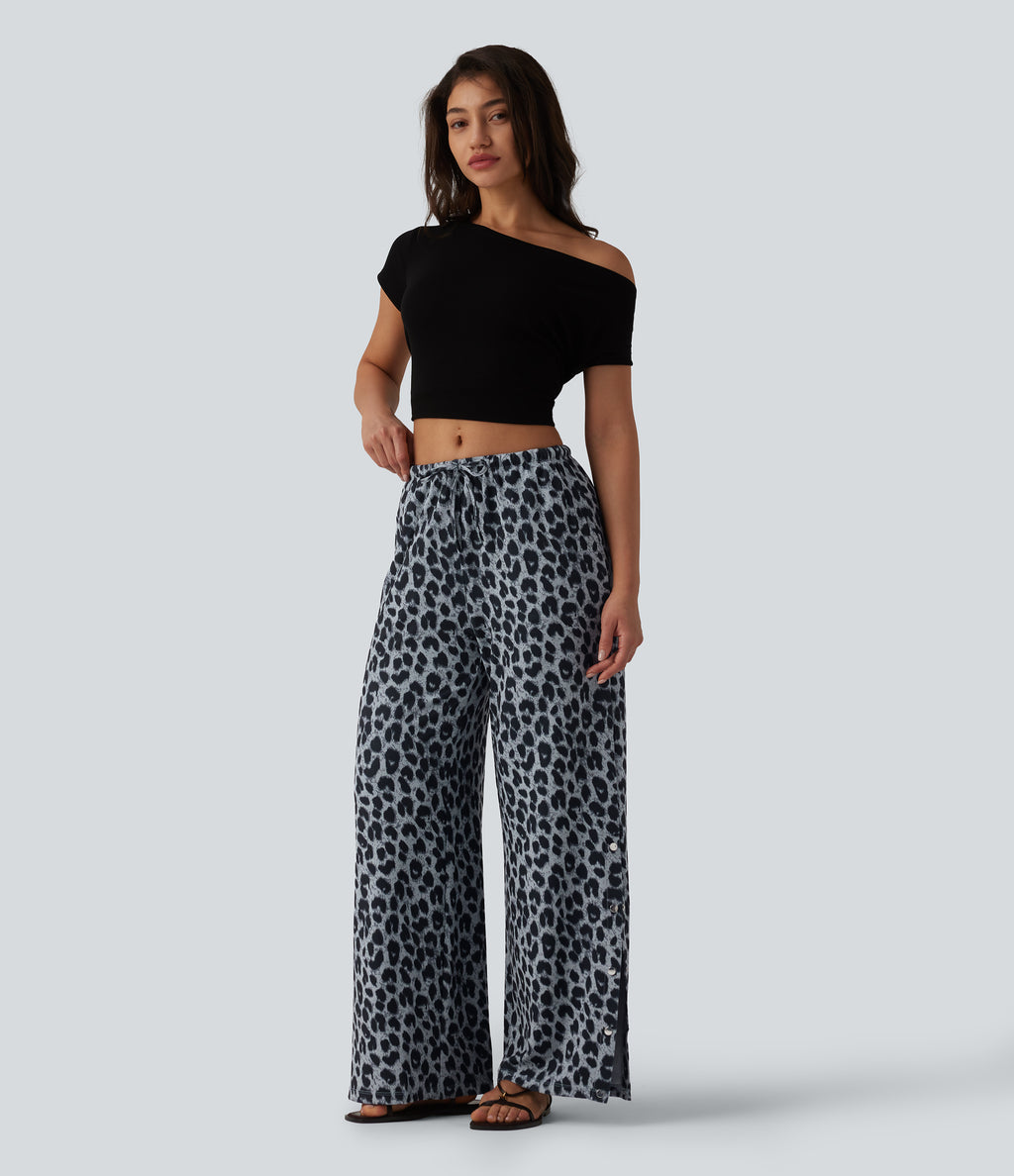 Mid Rise Drawstring Wide Leg Leopard Print Waffle Casual Trousers with Pockets — Frosted Panther — view 1