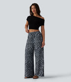 Mid Rise Drawstring Wide Leg Leopard Print Waffle Casual Trousers with Pockets — Frosted Panther — view 1