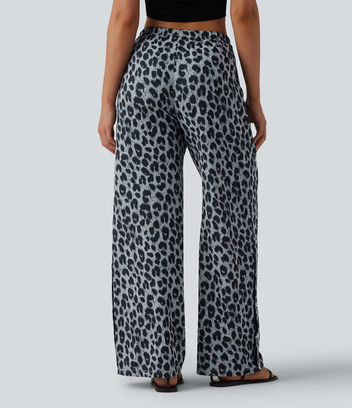 Mid Rise Drawstring Wide Leg Leopard Print Waffle Casual Trousers with Pockets — Frosted Panther — view 2