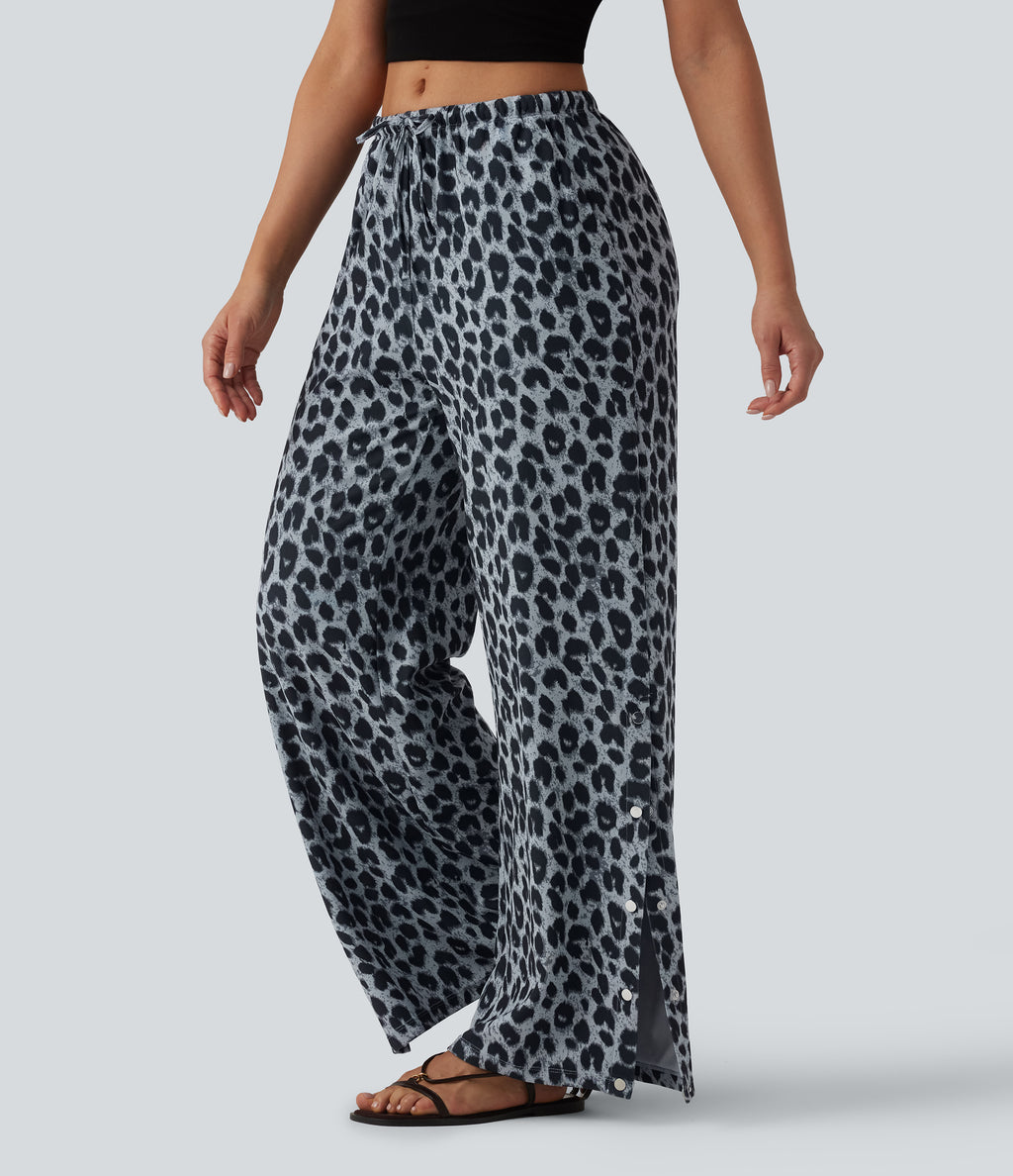 Mid Rise Drawstring Wide Leg Leopard Print Waffle Casual Trousers with Pockets — Frosted Panther — view 4
