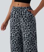 Mid Rise Drawstring Wide Leg Leopard Print Waffle Casual Trousers with Pockets — Frosted Panther — view 6