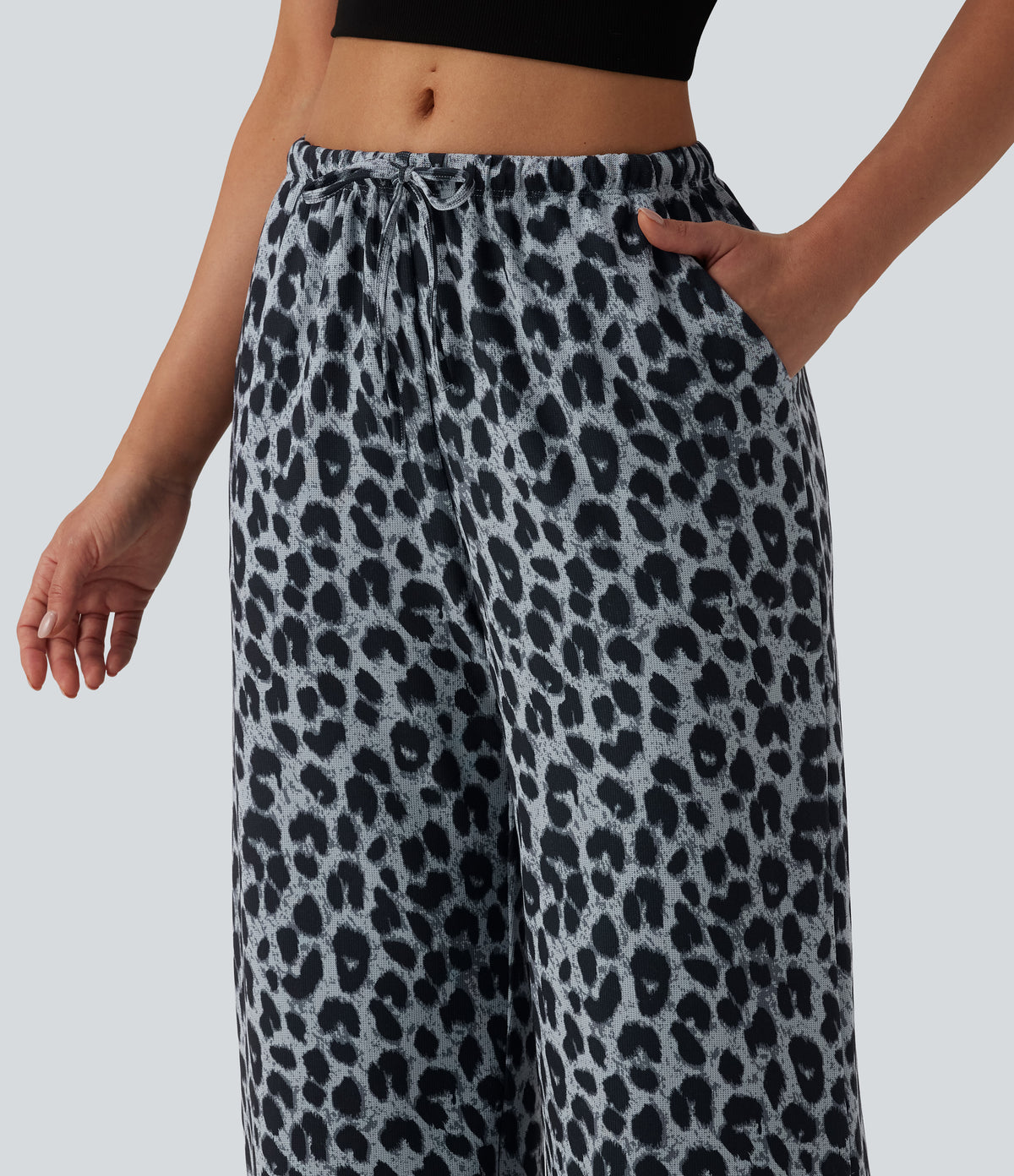 Mid Rise Drawstring Wide Leg Leopard Print Waffle Casual Trousers with Pockets — Frosted Panther — view 6
