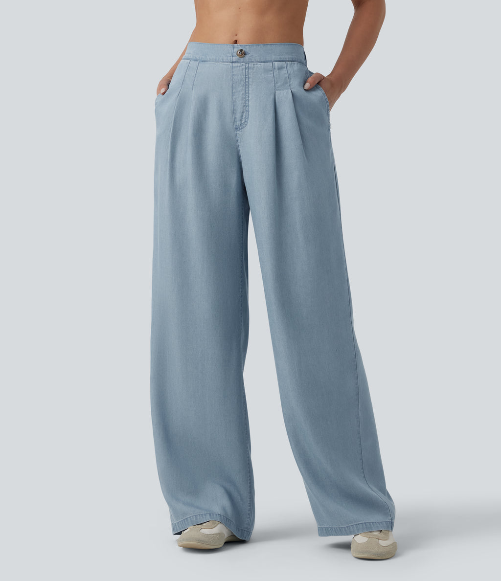 Mid Rise Casual Lyocell Wide Leg Jeans with Pockets — Blue Jasper Denim — view 1