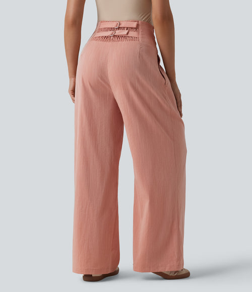 Adjustable Super High Waisted Shirred Wide Leg Casual Linen-Feel Trousers with Pockets — Terra Blush — view 1