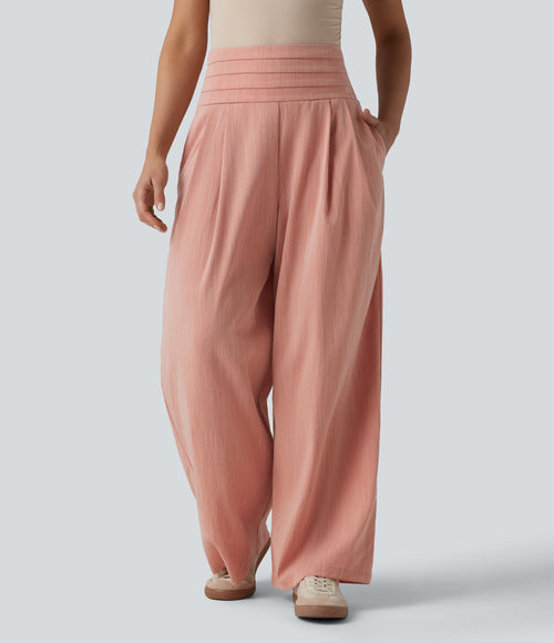 Adjustable Super High Waisted Shirred Wide Leg Casual Linen-Feel Trousers with Pockets — Terra Blush — view 2