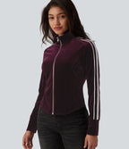 Mock Neck Long Sleeve Stripe Velvet Casual Jacket — Dusky purple — view 1
