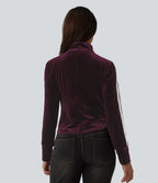 Mock Neck Long Sleeve Stripe Velvet Casual Jacket — Dusky purple — view 2