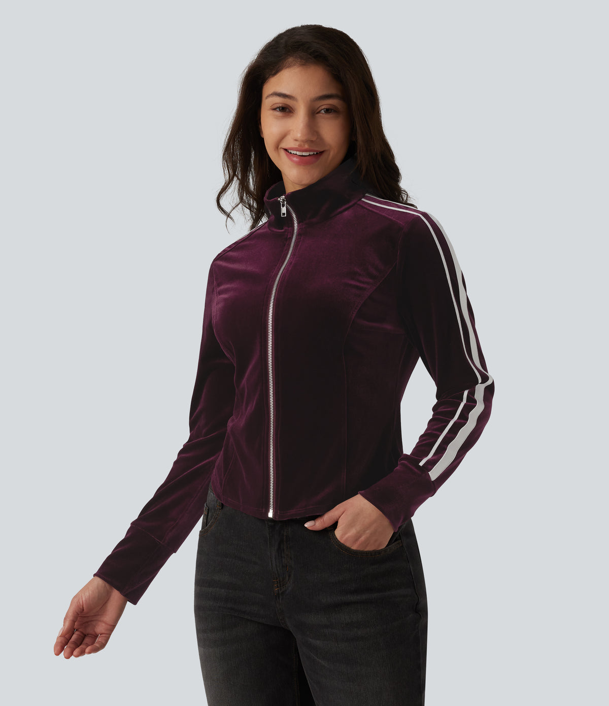 Mock Neck Long Sleeve Stripe Velvet Casual Jacket — Dusky purple — view 3