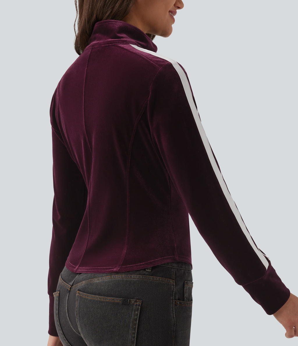 Mock Neck Long Sleeve Stripe Velvet Casual Jacket — Dusky purple — view 5