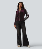 Mock Neck Long Sleeve Stripe Velvet Casual Jacket — Dusky purple — view 6