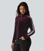 Mock Neck Long Sleeve Stripe Velvet Casual Jacket — Dusky purple — view 4