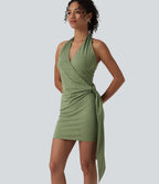 Halter Bodycon Micro Mini Dress — Light Green Floral Yarn — view 6