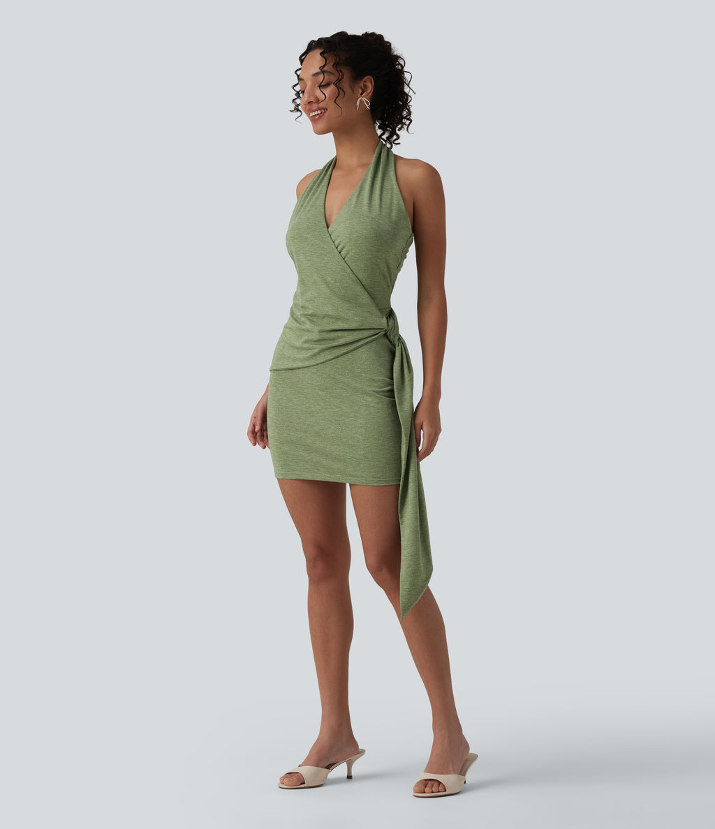 Halter Bodycon Micro Mini Dress — Light Green Floral Yarn — view 4