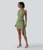 Halter Bodycon Micro Mini Dress — Light Green Floral Yarn — view 4