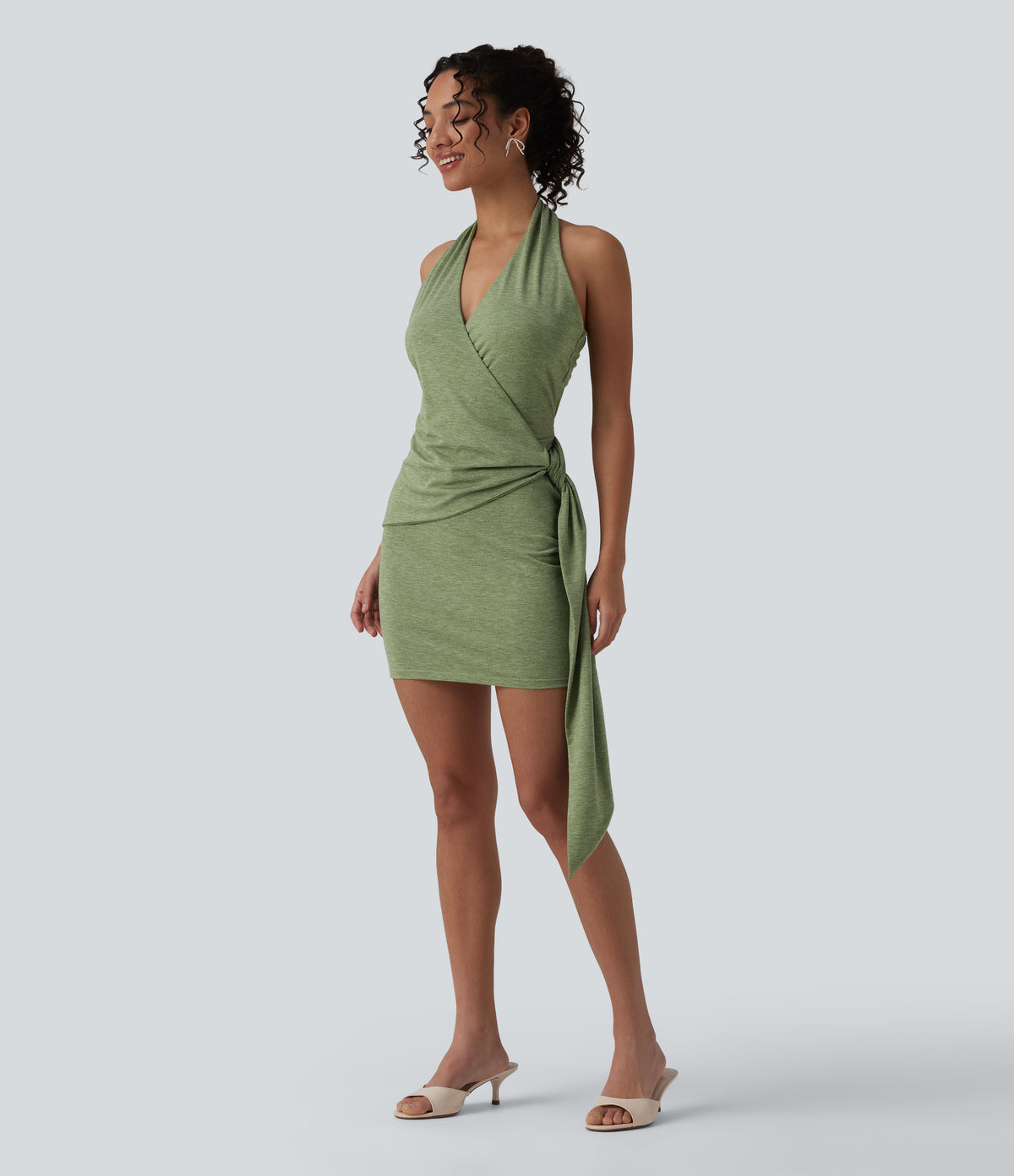 Halter Bodycon Micro Mini Dress — Light Green Floral Yarn — view 4