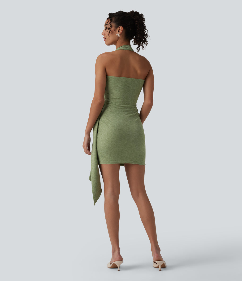 Halter Bodycon Micro Mini Dress — Light Green Floral Yarn — view 2
