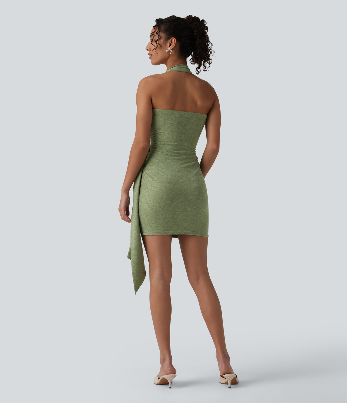 Halter Bodycon Micro Mini Dress — Light Green Floral Yarn — view 2