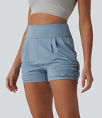 High Waisted Ruched Quick Dry Yoga Shorts with Pockets-UPF40+ — Mountain Spring — view 3
