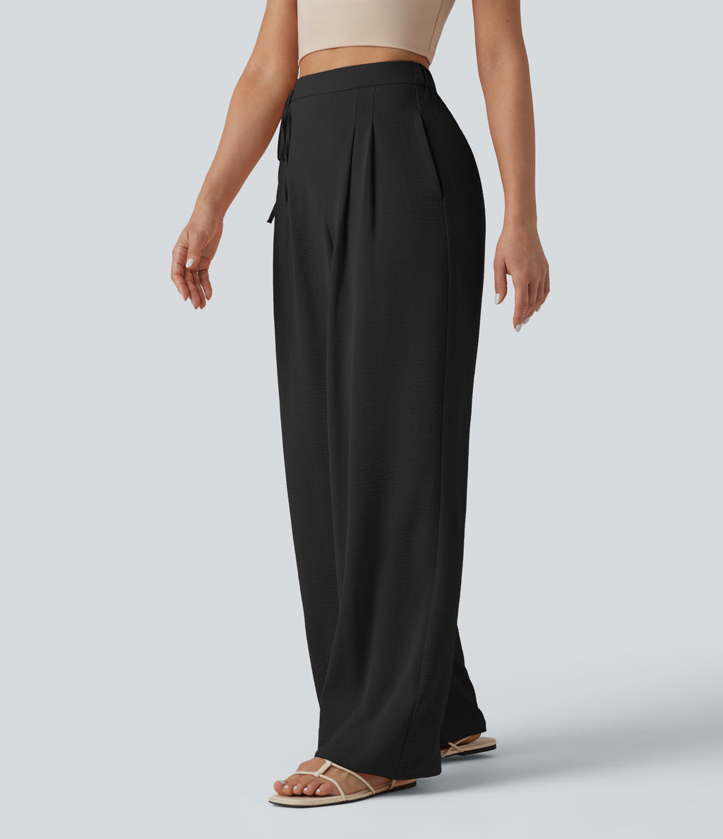 High Waisted Tie Side Wide Leg Casual Linen-Feel Trousers with Pockets — Black — view 3