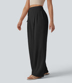 High Waisted Tie Side Wide Leg Casual Linen-Feel Trousers with Pockets — Black — view 3
