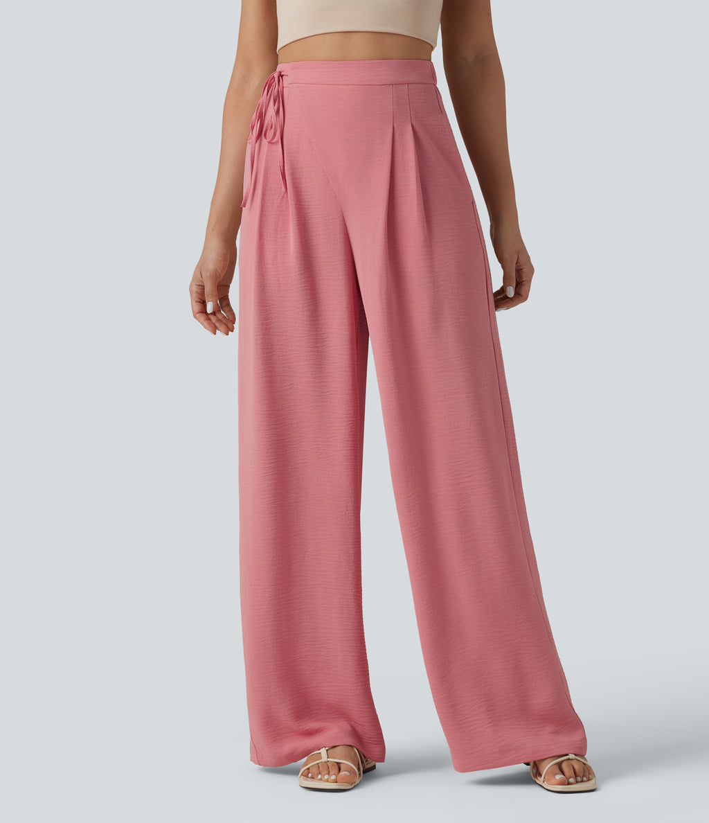 High Waisted Tie Side Wide Leg Casual Linen-Feel Trousers with Pockets — Mauveglow — view 8